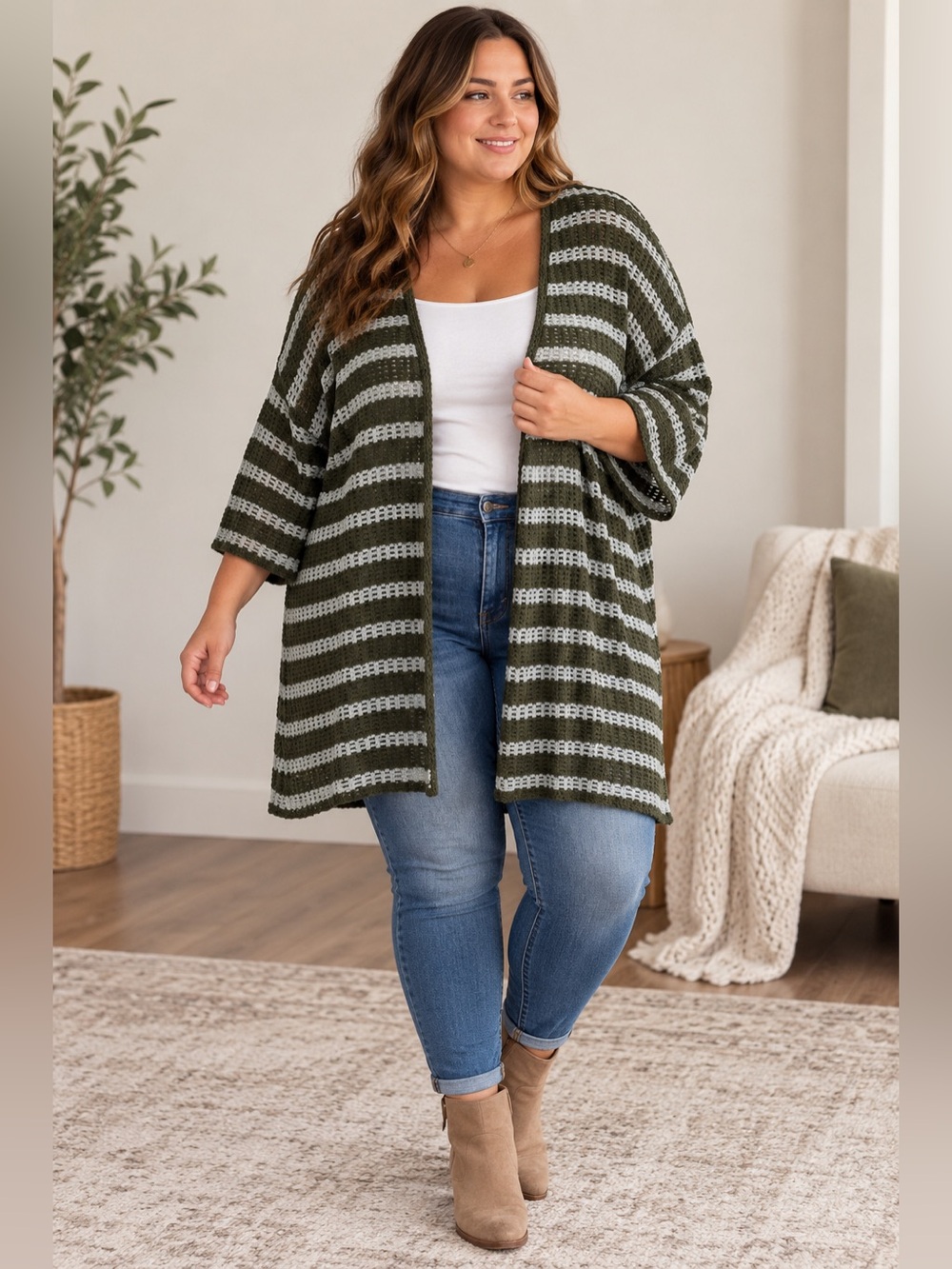 Torrid Size 2 Olive Green Striped Open Knit Cardigan Cotton Blend